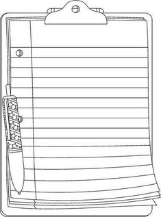 a clipboard with lined paper and a pen on it, in black and white