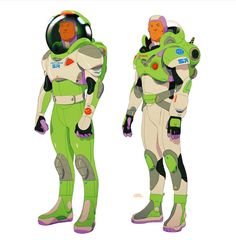 two different views of a man in green and white space suit