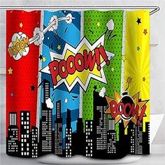 the shower curtain is decorated with comic characters and stars in different colors, including red, yellow, blue, green