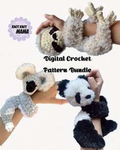 the digital crochet pattern bundle includes two stuffed animals, one panda bear and one koala