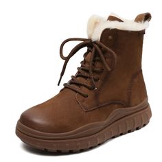 Women Retro Thick Soled Leather Snow Boots-RAIIFY Brown Flat Heel Lace-up Winter Boots, Brown Flat Heel Lace-up Boots For Winter, Brown Flat Heel Platform Boots For Winter, Brown Lace-up Boots With Flat Heel For Winter, Brown Leather Footbed Boots For Winter, Winter Martin Boots With Leather Footbed, Winter Brown Boots With Leather Footbed, Brown Flat Heel Martin Boots For Winter, Brown Martin Boots With Flat Heel For Winter