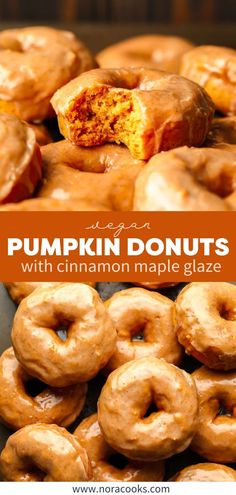 pumpkin donuts with cinnamon maple glaze are stacked on top of each other and the title reads, pumpkin donuts with cinnamon maple glaze