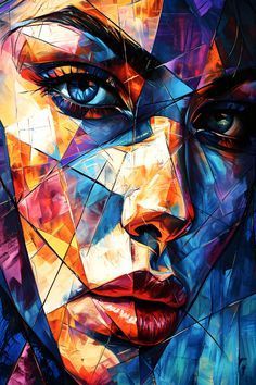 a painting of a woman's face with many different colors and shapes on it