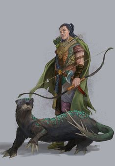 an image of a man with a bow and arrow standing next to a dead animal