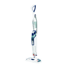 a white and blue cordless stick vacuum on a white background with clippings