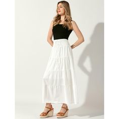 No matter what body type you are, this must-have skirt is a perfect choice for your summer and spring. Simple solid-colored design will never be out of date, the timeless maxi boho skirt is suitable for dates, school, travel, parties, beach, vacations, and daily casual. This is such a pretty skirt, with a lightweight fabric, swing, and flowy hem, easy to match with crop tops, boho tops, t-shirts, long-sleeve blouses, cardigans, and bikinis. Summer Maxi Skirt With Elastic Waistband For Day Out, Flowy High-waist Maxi Skirt For Summer, Spring Vacation Gathered Skirt, Summer Day Out Maxi Skirt With Elastic Waistband, Summer Gathered Maxi Skirt For Day Out, Summer Maxi Skirt With Elastic Waistband For Vacation, Summer Tiered Maxi Skirt For Day Out, Spring Vacation Maxi Skirt With Elastic Waistband, Vacation Maxi Skirt With Elastic Waistband