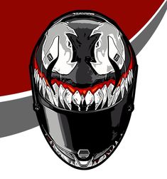 a motorcycle helmet with teeth on the front and side, against a red striped background