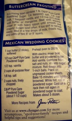 a bag of mexican wedding cookies with instructions on the side for making it into a cake