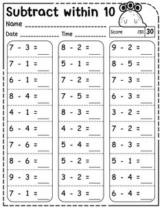 subtract worksheet with two numbers to 10 and the number one on it