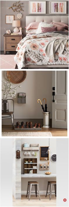 three different shots of the same room with furniture and decor in it, including a bed