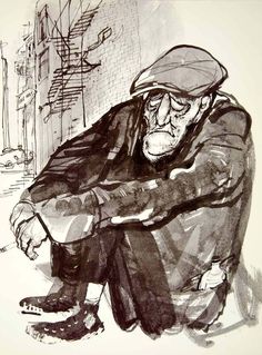 a black and white drawing of a man sitting on the ground