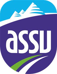 the assu logo is shown in purple and blue with snow capped mountains behind it