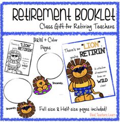 an image of a lion retirement booklet with the text,'class gift for retired teachers '