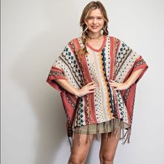 Multi Color Knitted Poncho Sweater Dried Rose Features Scoop Neckline Loose Fit & Relaxed Silhouette Fringe Detailing Bottom Hem Easy, Fun Comfortable Fit Knit Poncho Sweater, Boyfriend Sweater, Unique Sweaters, Boutique Sweater, Loose Knit Sweaters, Star Sweater, Poncho Sweater, White Cardigan, Knit Crop