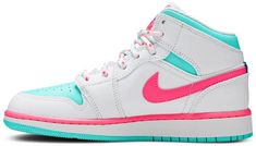 The Air Jordan 1 Mid GS ??Digital Pink?? is the youth sizing of Michael Jordan’s first signature shoe in a bright and vibrant colorway. Appearing on the Jordan 1 Mid . the upper displays smooth white leather on the forefoot . mid-panel . collar . and heel. Eye-pleasing Aurora Green leather can be found on the shoe’s perforated toe and underneath the collar overlay. A hue of pink leather called Digital Pink appears on the Swoosh branding on either side. Additional design elements include white sp Air Jordan 1 Mid Digital Pink, Air Jordan 1 Obsidian, Air Jordan 1 Chicago, Jordan 1 Blue, Air Jordan 1 Mid Gs, Shoes Diy, Jordan 1 High Og, Air Jordan Sneakers, Air Jordan 1 High