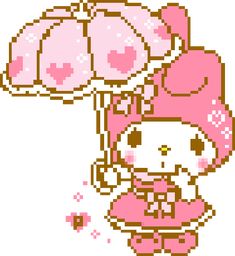 an image of a hello kitty holding an umbrella in pixel art style with pink and brown colors