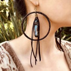 -These bold hoop earrings are part boho and part badass.  Made from soft chocolate deerskin leather and agate stones.  -Total length from the top of the hook to the tip of the leather tassel is 6” - 6.5”.-Earwires are antique-brass.  Goldfill earwires are available by request.  -Deerskin leather is sustainably sourced in the USA.-Ok to get wet.-Available in 7 colors.-Designed and handmade in South Pasadena, CA.Check out more of our lovely earrings here:https://www.etsy.com/shop/ASTALIJewelry?ref Boho Jewellery Necklaces, Leather Jewelry Making, Handmade Leather Jewelry, Suede Jewelry, Aluminum Earrings, Boho Earring, Tassel Earring, Leather Earring, South Pasadena