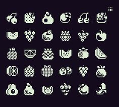 an old school computer game pixel art style icon set, with various items and colors