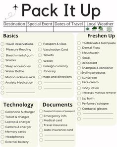 a travel checklist with the words pack it up in black and white, on top of