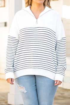 Elevate your wardrobe with the addition of this beauty! It has a classic white color with a trendy stripe pattern that is a season fave! The stretchy, flattering fit is great for layering over a solid top and shorts or skinnies for a casual chic look! 65% Polyester, 35% Cotton White Tops With Contrast Stripes For Layering, White Striped Collar Top For Day Out, White Top With Striped Collar For Day Out, White Tops With Striped Collar For Day Out, Chic White Tops With Horizontal Stripes, Chic White Top With Horizontal Stripes, Chic White Horizontal Stripe Top, White Tops With Contrast Stripes For Day Out, Chic Soul