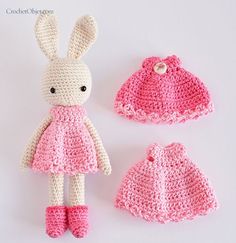 a crocheted bunny doll and hat are shown in three different colors, including pink