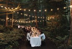 a group of people sitting at a dinner table in the woods with lights strung overhead