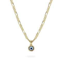 "Figaro Chain Necklace  24K Flat Figaro Chain 3mm with 14K Evil Eye Charm - Gold Filled The evil eye symbol 🧿 has been found through thousands of years of history across cultures, including in Latin America and parts of Asia. The symbol, most often depicted as four concentric circles in the shape of an eye, is used to ward off variations of evil intentions. We've filled this evil eye necklace with gold to ensure it's waterproof, rust proof, and tarnish resistant. Charm is filled with a Cubic Zi Traditional Gold Evil Eye Necklace, Evil Eye Symbol, The Evil Eye, Eye Symbol, Figaro Chain Necklace, Figaro Chains, Figaro Chain, Delray Beach, Evil Eye Pendant