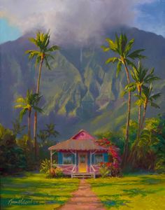 a painting of a house in the middle of palm trees with mountains in the background