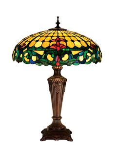 Meyda Tiffany - 15707 - Three Light Table Lamp - Duffner & Kimberly Colonial - Beige Burgundy Blue/Green Green Colonial Table, Stained Glass Table Lamps, Tiffany Lighting, Tiffany Lamp, Tiffany Table Lamps, Bronze Table Lamp, Bronze Table, Fixture Table, Stained Glass Lamps