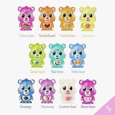 there are many different colored teddy bears in the picture and each has their own name on it