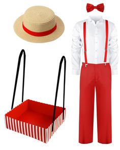 a man wearing red pants and a hat next to a box with a straw hat on it