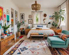 a bed room with a neatly made bed and lots of pictures hanging on the wall