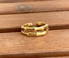 Gold Double Bamboo Ring, Open Bamboo Stainless Steel ring  (Not flexible; will not close)  - Size 7-7.5 U.S - Int. diameter 0,66in./17mm  - Ring 0.78x0,3in./20x8mm - 18K Gold plated Stainless Steel - Nickel Free, Lead Free Bamboo Ring, Bespoke Gifts, Stainless Steel Ring, Gold Gift, Leverback Earrings, Stainless Steel Rings, Steel Ring, Chandelier Earrings, Gold Bands