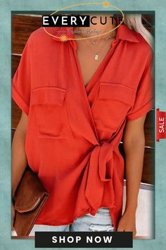 Women's Solid Color Cotton Linen Slim Pocket Casual Shirt V-neck Tops With Pockets For Vacation, Solid Color Summer Blouse For Work, Summer Workwear Blouse In Solid Color, Summer V-neck Shirt With Pockets, V-neck Top With Pockets For Day Out, Red V-neck Shirt For Vacation, Summer Collar Blouse With Pockets, Vacation Red V-neck Shirt, Trendy V-neck Top With Pockets