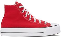 High-top canvas sneakers in red. · Rubber cap toe · Lace-up closure · Logo bonded at inner side · Eyelets vents at inner side · Rubberized logo patch at heel counter · Padded insole · Padded mesh lining · Textured platform midsole · Treaded rubber sole · Contrast stitching in white · Platform: H1.5 Supplier color: Red/White/Black Red High Top Converse, Red Chucks, Converse Platform, Red High Tops, Chuck Taylor All Star Lift, Red Platform, Converse Red, Red Converse, Platform Converse