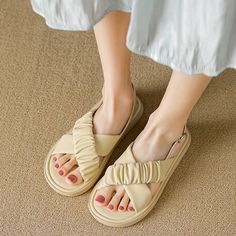 Summer Thick Sole Sandals Soft and Comfortable Women's Large Shoes – Dresslittly Casual Beige Chunky Platform Wedge Sandals, Comfortable Beige Wedge Sandals With Round Toe, Beige Comfortable Round Toe Wedge Sandals, Comfortable Beige Platform Sandals, Beige Chunky Platform Sandals For Beach, Thick Sole Sandals, Shoes Yellow, Summer Heels, Summer Flats