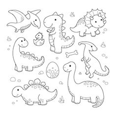 dinosaurs with different shapes and sizes are shown in this black and white coloring page