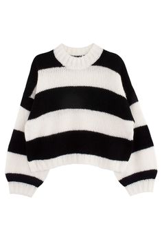 Semi crop chunky knit with wide stripes. Fabric is 8% mohair, 15% wool, 30% polyester, and 47% acrylic. Ella is 6' tall, 35" bust, 26" waist, 36" hip, and is wearing a size M. Thick Striped Sweater, Cheap Cozy Striped Sweater, Striped Cropped Sweater, Black And White Striped Knit Sweater, Oversized Black And White Striped Sweater, Emo Striped Sweater, Black And White Sweater, Striped Knitted Sweater, Stripes Fabric