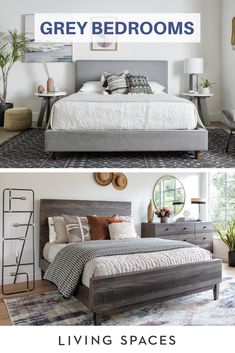 two pictures of the same bed in different rooms, one with grey and white bedspreads