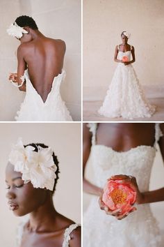 four different shots of a woman in a wedding dress with flowers on her head and hands