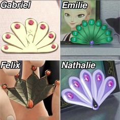 four different types of brooches with the words gabril, felix, and nathanie