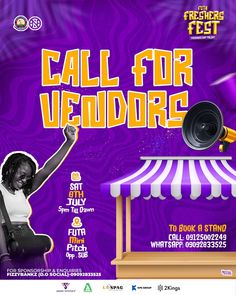 an advertisement for the festival called call for venders, featuring a woman in white shirt and purple background