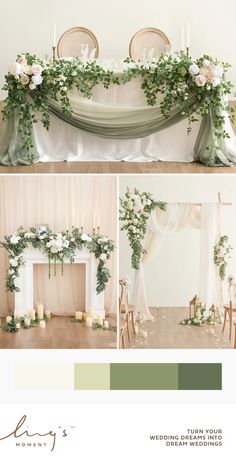 the wedding arch is decorated with greenery and candles