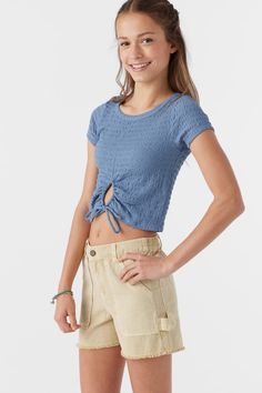 Girl's Shellie Textured Top Top - Infinity | O'Neill Knit Short Sleeve Top, Flannel Outfits, Spring Suit, Denim Sweater, Knit Short, Top Crop, Knitting Girls, Baby Bump, Clothing Essentials