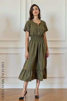 Olivia Mark - Elegant Olive Green Midi Dress with Ruffled Hemline and Elastic Waistband Olive Green Midi Dress, Understated Luxury, Green Midi Dress, Olivia Mark, Elegant Dresses, Olive Green, Casual Dresses, Midi Dress, Short Sleeves