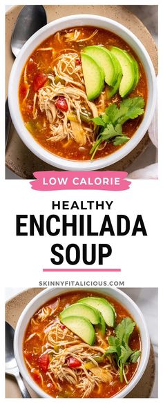 two bowls of healthy enchilada soup with avocado