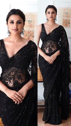 Black Net Saree, Saree With Embroidery Work, Net Sarees, Women Saree, Wedding Women