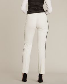 Diamond White & Black Slim Fit Tuxedo Pants - Women’s Tuxedo Suits | girls prom tuxedo | gal tux | Wedding Party, Bridesmaids Spring Bottoms With Contrast Trim And Stretch Fit, Chic Trousers With Contrast Stripes, Chic Pants With Contrast Stripes, Fitted Bottoms With Contrast Stripes For Spring, Spring Stretch Bottoms With Contrast Color, Workwear Straight Leg Bottoms With Contrast Trim, Straight Leg Workwear Bottoms With Contrast Trim, Straight Leg Bottoms With Contrast Trim For Work, Casual Workwear Pants With Contrast Trim