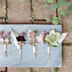 four boutonnieres with flowers are arranged on a blue tablecloth in front of green leaves