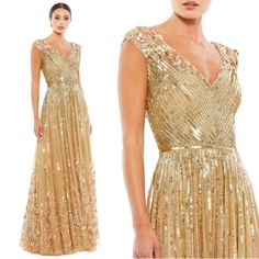 a woman wearing a gold dress with sequins on it